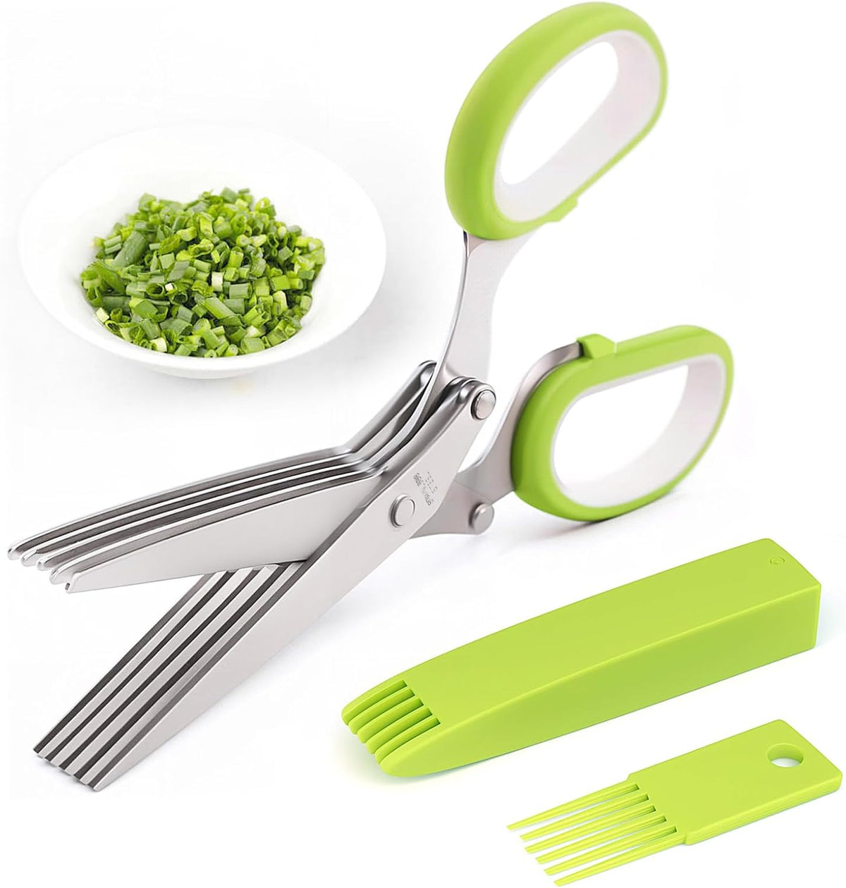✂️Herb Scissors 5 Blade Kitchen Shears, Multipurpose Herb Cutter with Safety Cover & Cleaning Comb for Basil Chive Parsley