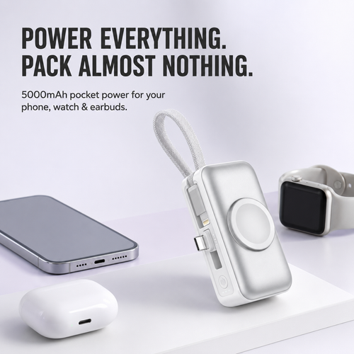 🔥 New 2026🔋 3-in-1 Mini Power Bank – Phone Charger, Watch Charger & Foldable Stand