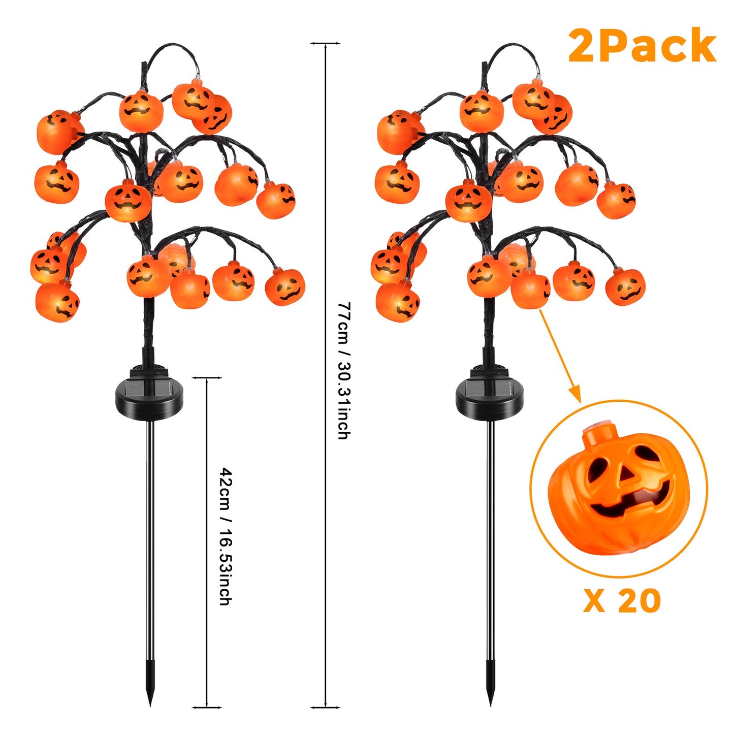 ✨️🎃2 packs 40 LEDs Solar Halloween Pumpkin Stake Lights, 2 Modes Outdoor Waterproof Halloween Decorations, Solar Halloween Lights Stakes for Garden Yard Pathway